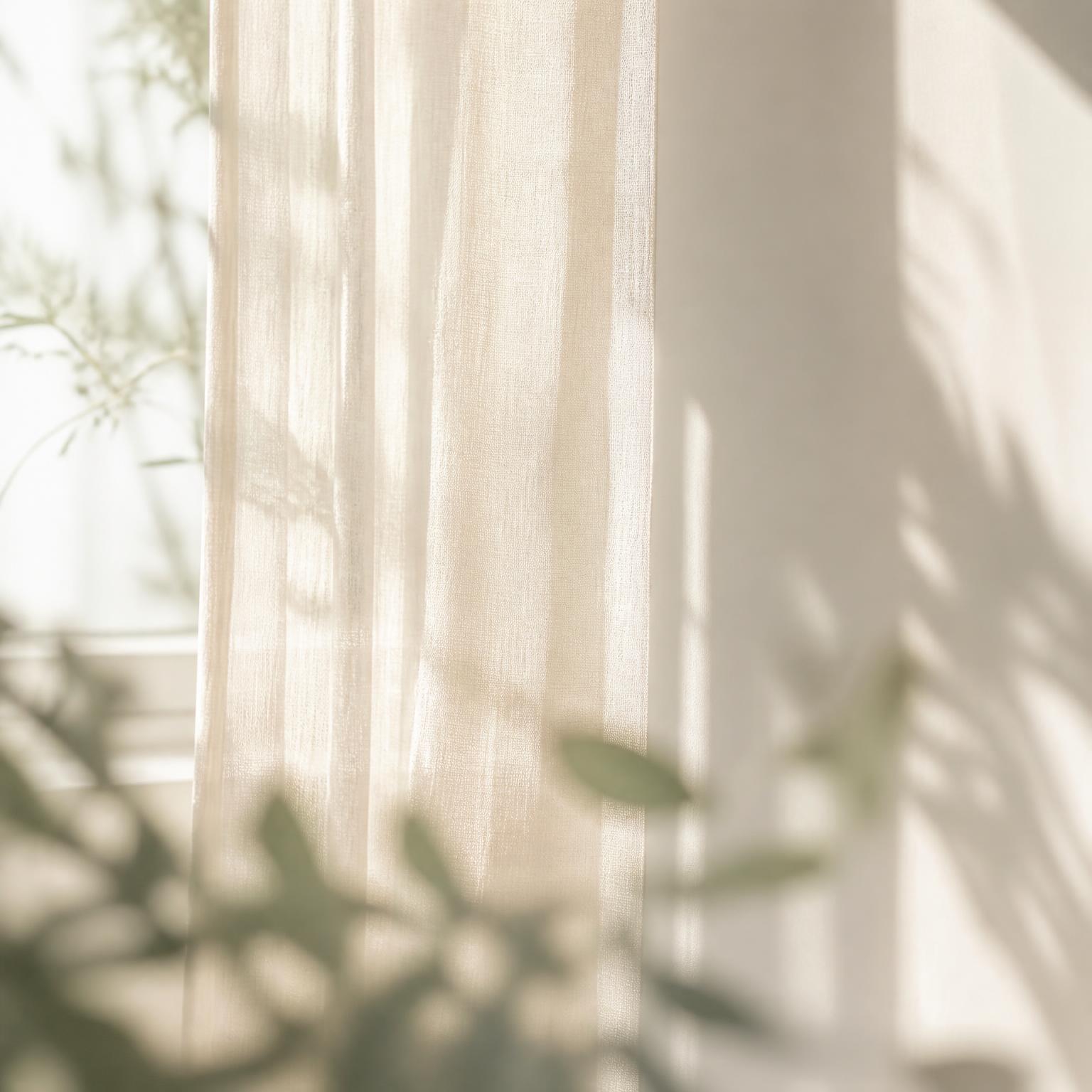 Cortinas de lino translúcidas con luz natural de la mañana y sombras suaves de hojas